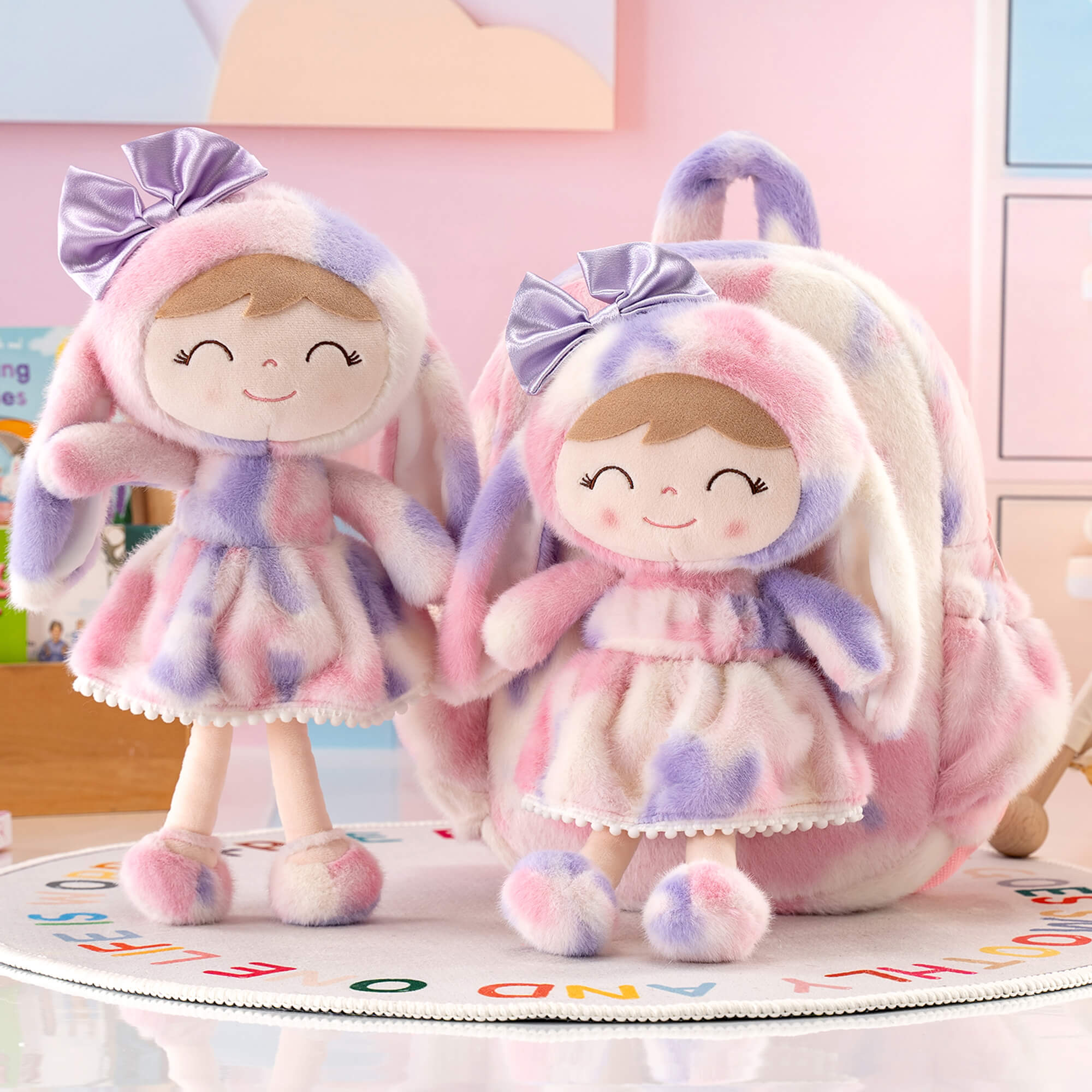 Gloveleya 11 - inch Toddler Girl Backpack Snow Ferret Kindergarten Backpacks with 12 - inch Rainbow Bunny Doll - Gloveleya Official