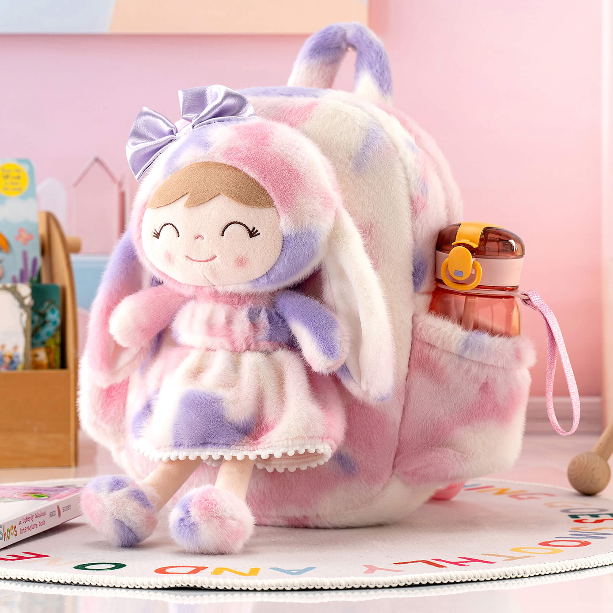 Gloveleya 11 - inch Toddler Girl Backpack Snow Ferret Kindergarten Backpacks with 12 - inch Rainbow Bunny Doll - Gloveleya Official