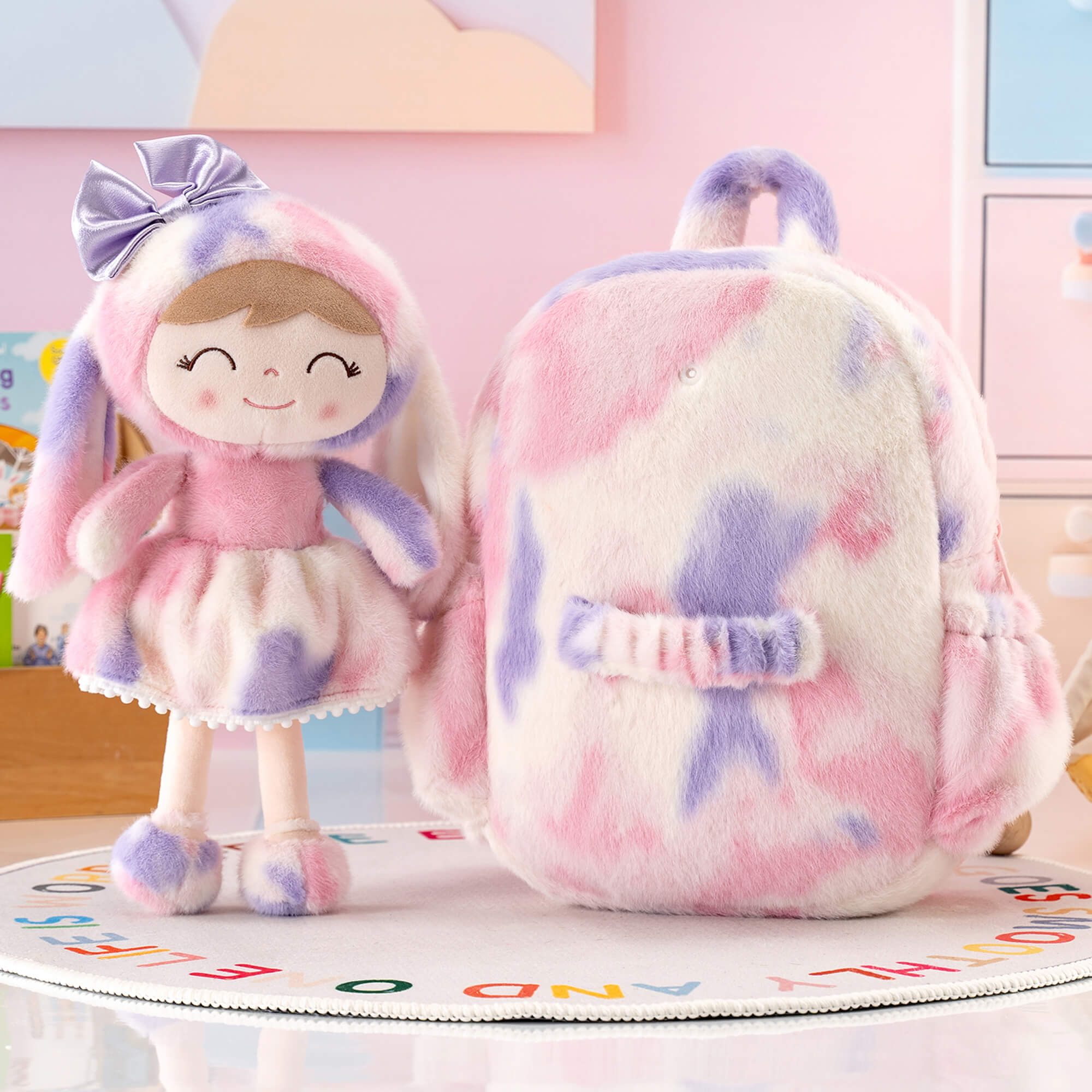 Gloveleya 11 - inch Toddler Girl Backpack Snow Ferret Kindergarten Backpacks with 12 - inch Rainbow Bunny Doll - Gloveleya Official