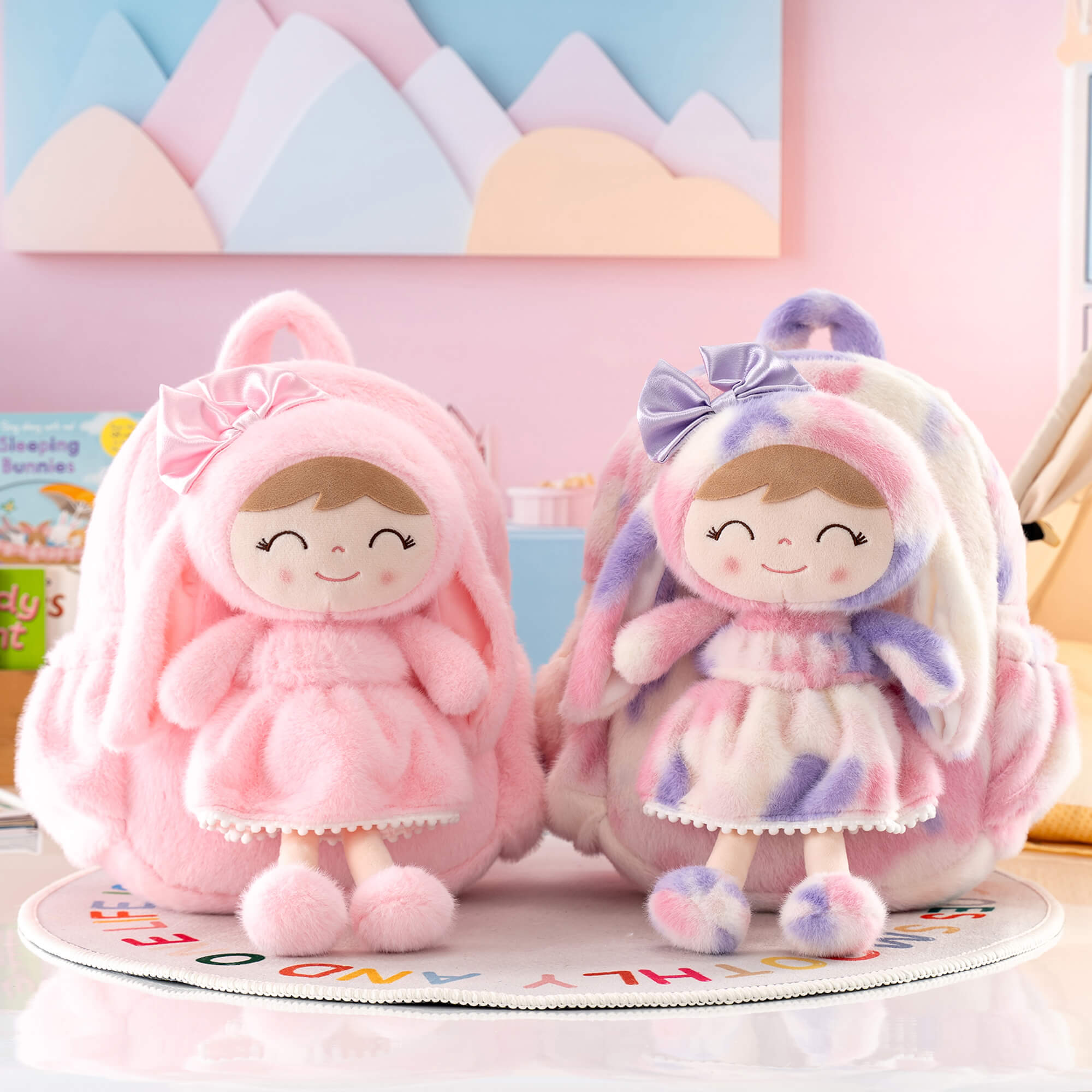 Gloveleya 11 - inch Toddler Girl Backpack Snow Ferret Kindergarten Backpacks with 12 - inch Rainbow Bunny Doll - Gloveleya Official