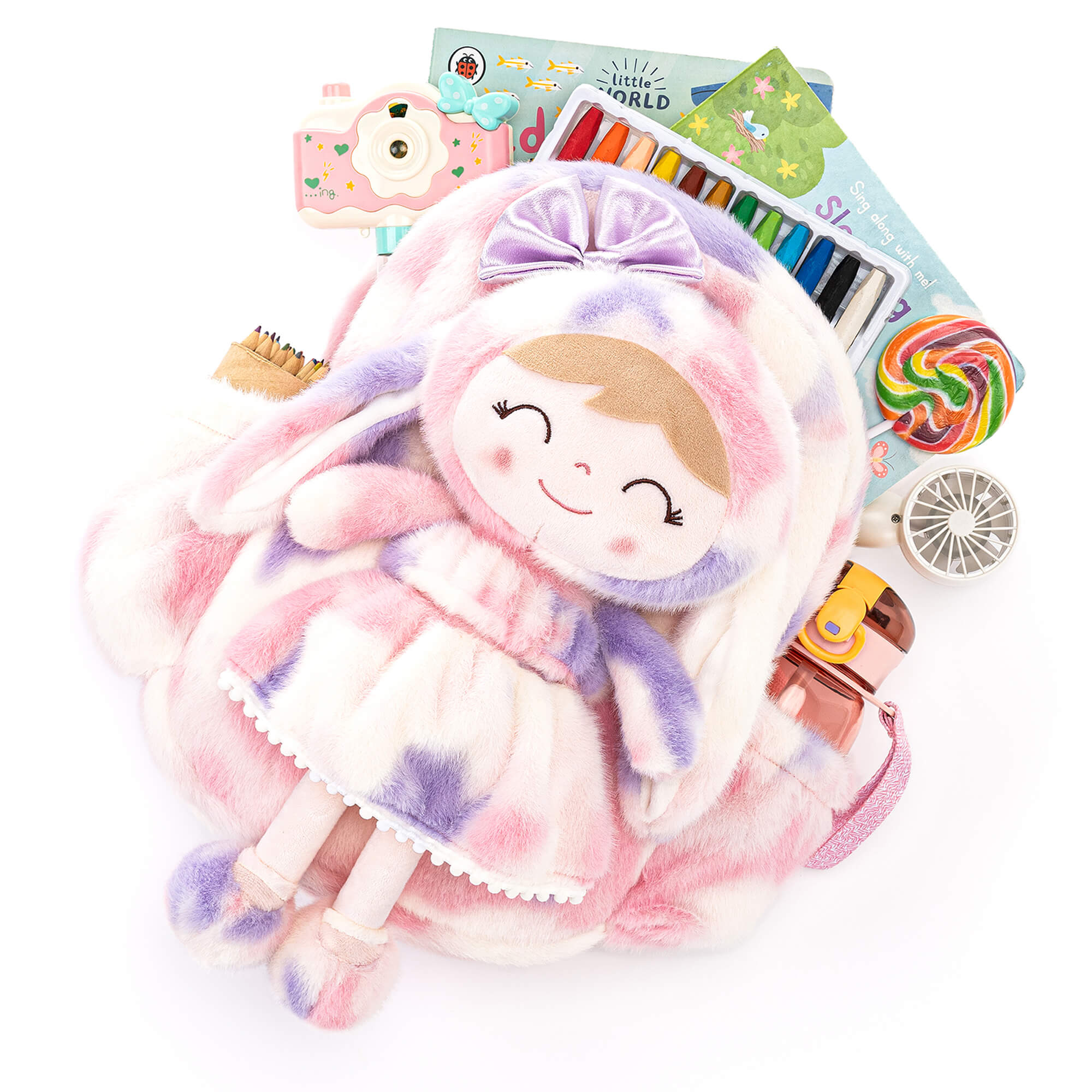 Gloveleya 11 - inch Toddler Girl Backpack Snow Ferret Kindergarten Backpacks with 12 - inch Rainbow Bunny Doll - Gloveleya Official