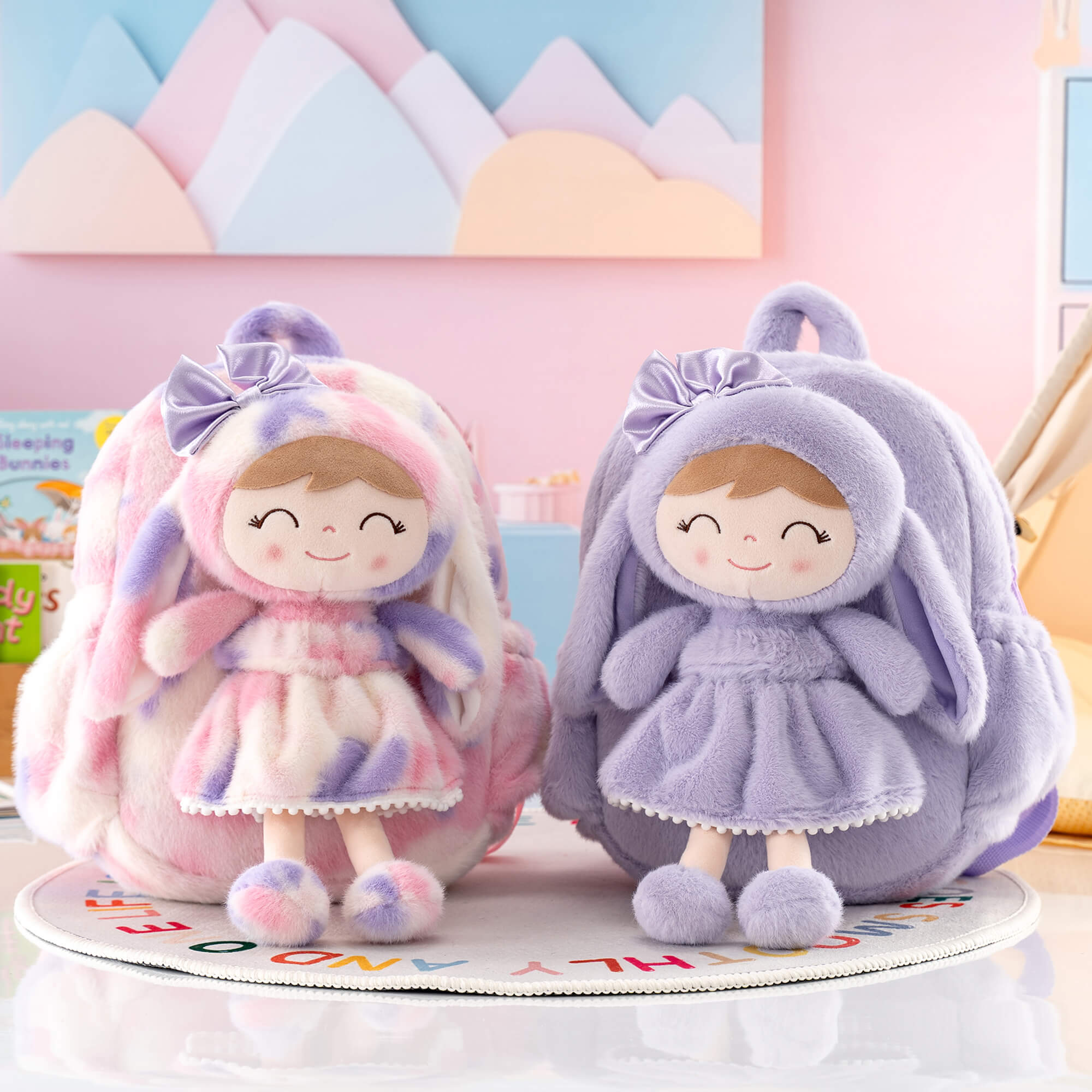 Gloveleya 11 - inch Toddler Girl Backpack Snow Ferret Kindergarten Backpacks with 12 - inch Rainbow Bunny Doll - Gloveleya Official