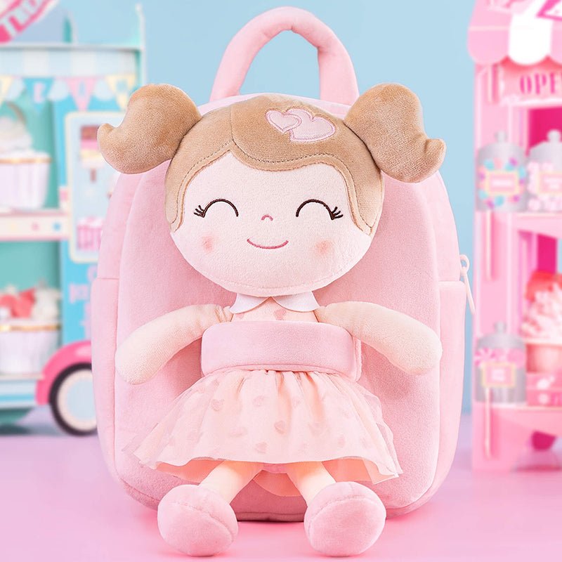 Gloveleya 9 - inch Toddler Girls Backpack Girl Gifts Plush Backpack with Doll in Flocked Heart Skirt Pink - Gloveleya Official