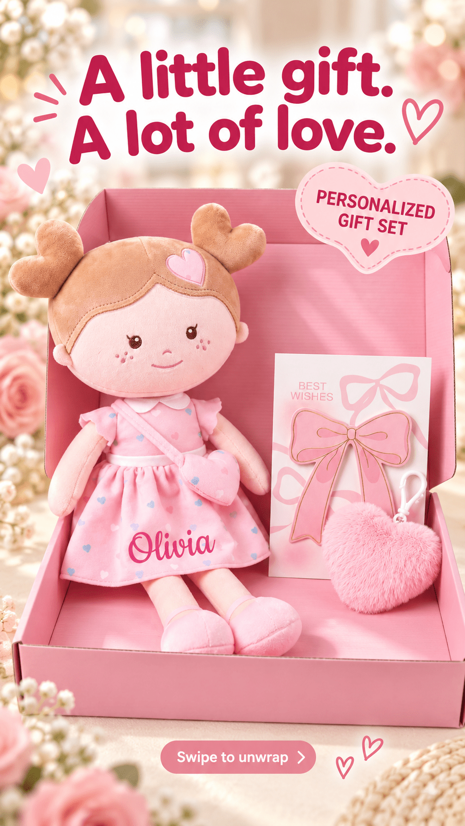 A Little Gift, A Lot of Love: Personalized Pink Heart Doll Gift Set - Gloveleya Official