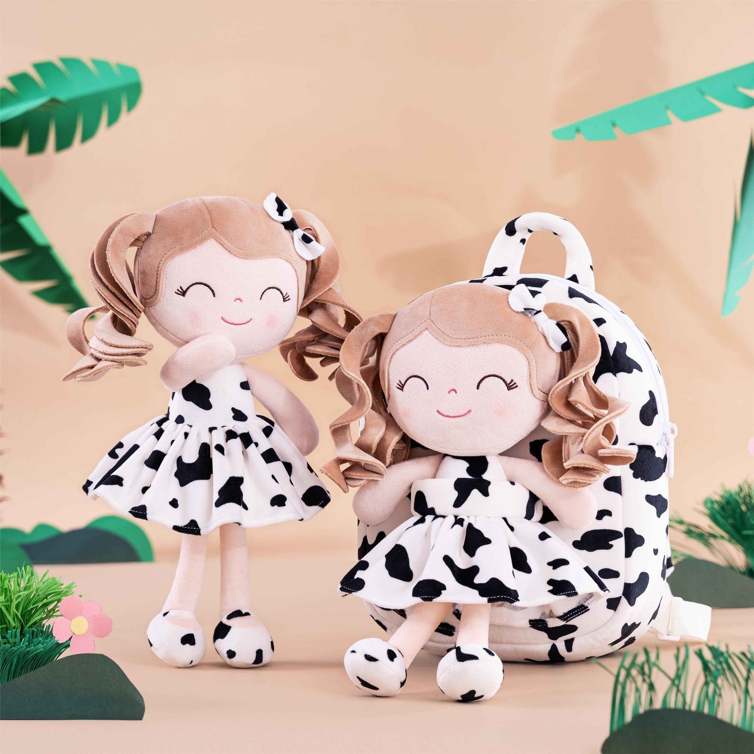 Discover the Magic of Gloveleya Dolls: Personalized Curly Doll Backpack with Cow Costume - Gloveleya Official