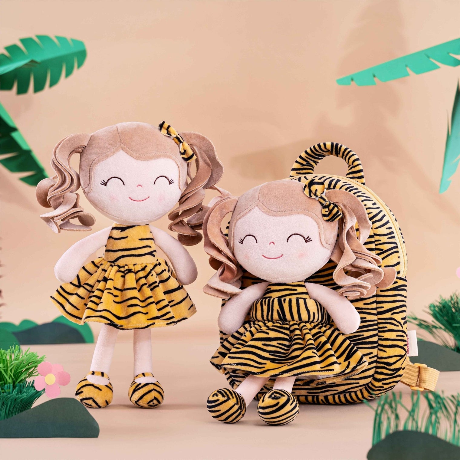 Discover the Magic of Gloveleya Dolls: Personalized Curly Doll Backpack with Tiger Costume - Gloveleya Official