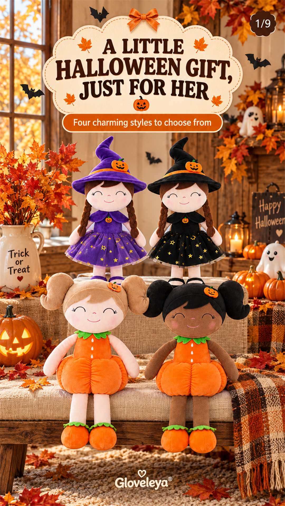 Four Sweet Halloween Doll Gifts for Girls: Pumpkin & Witch Styles - Gloveleya Official