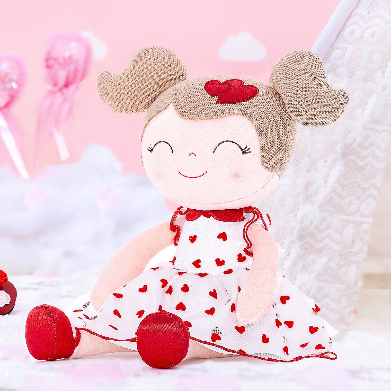 Gloveleya Red Flocked Heart Doll: A 16-Inch Custom Fabric Doll Every Child Will Love - Gloveleya Official