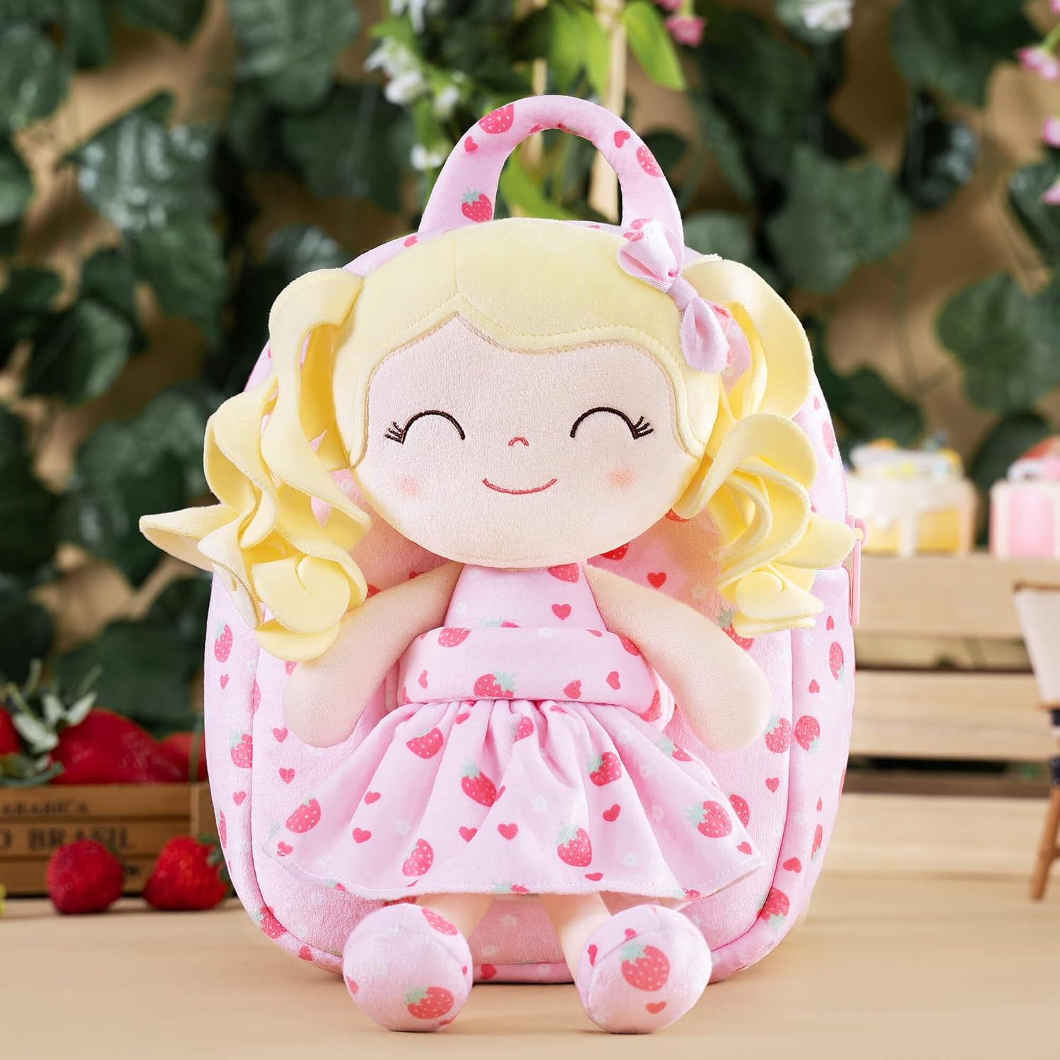 Personalized Gloveleya Curly Girl Dolls Backpack with Strawberry Costume: The Perfect Gift for Your Little One - Gloveleya Official