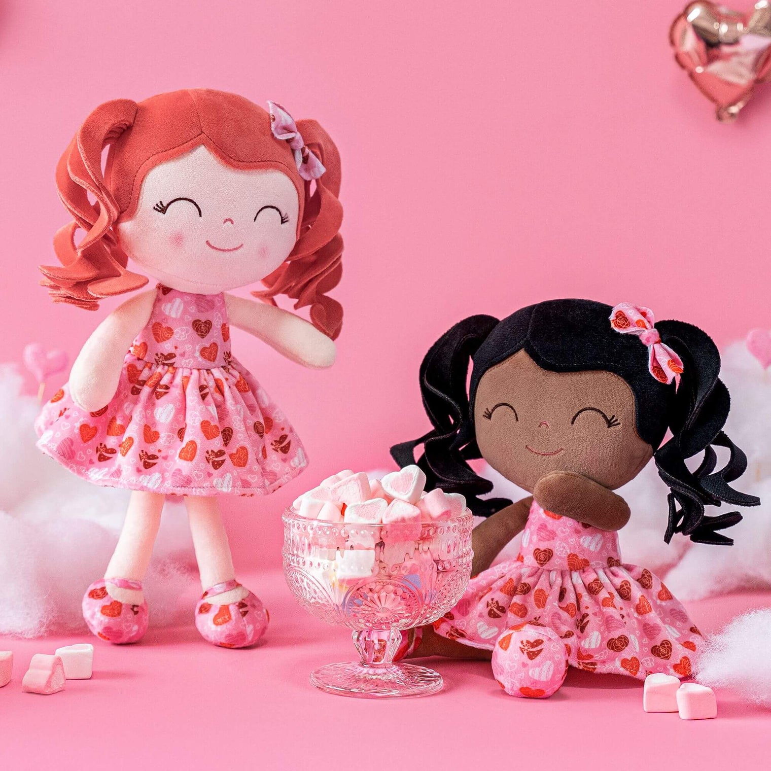 Personalized Gloveleya Curly Hair Dolls: Love Heart Dress with Black Hair - Gloveleya Official