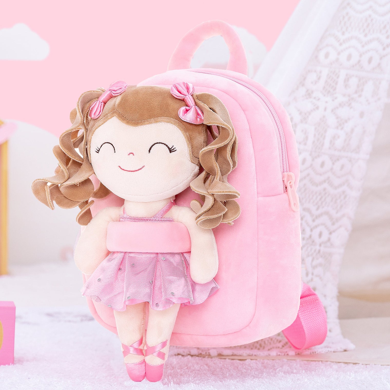 The Perfect Blend of Sweetness and Fantasy: Gloveleya Curly Ballet Girl Doll Backpack - Peach - Gloveleya Official