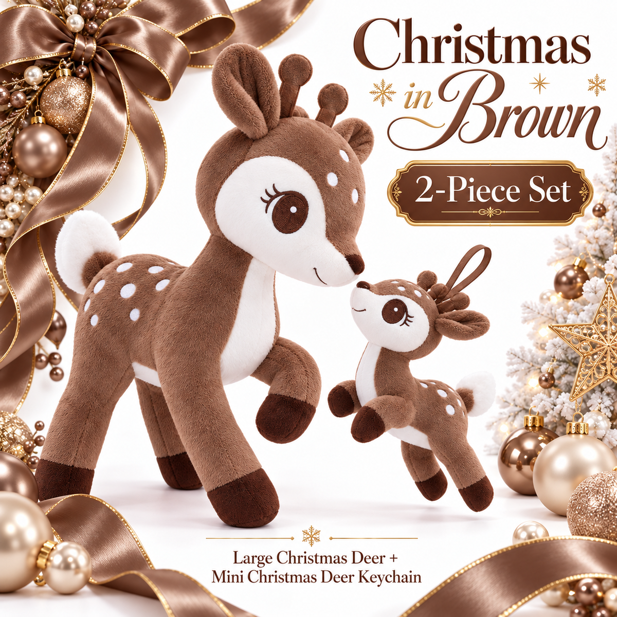 Dark Brown Christmas deer plush and matching mini keychain two-piece set