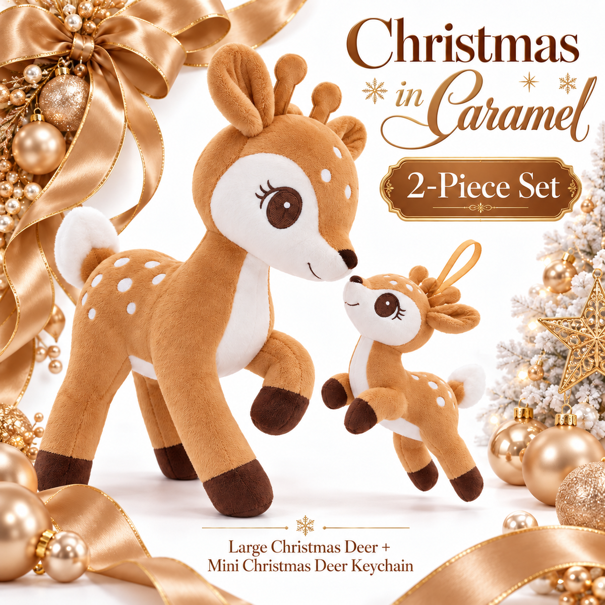 Light Brown Christmas deer plush and matching mini keychain two-piece set