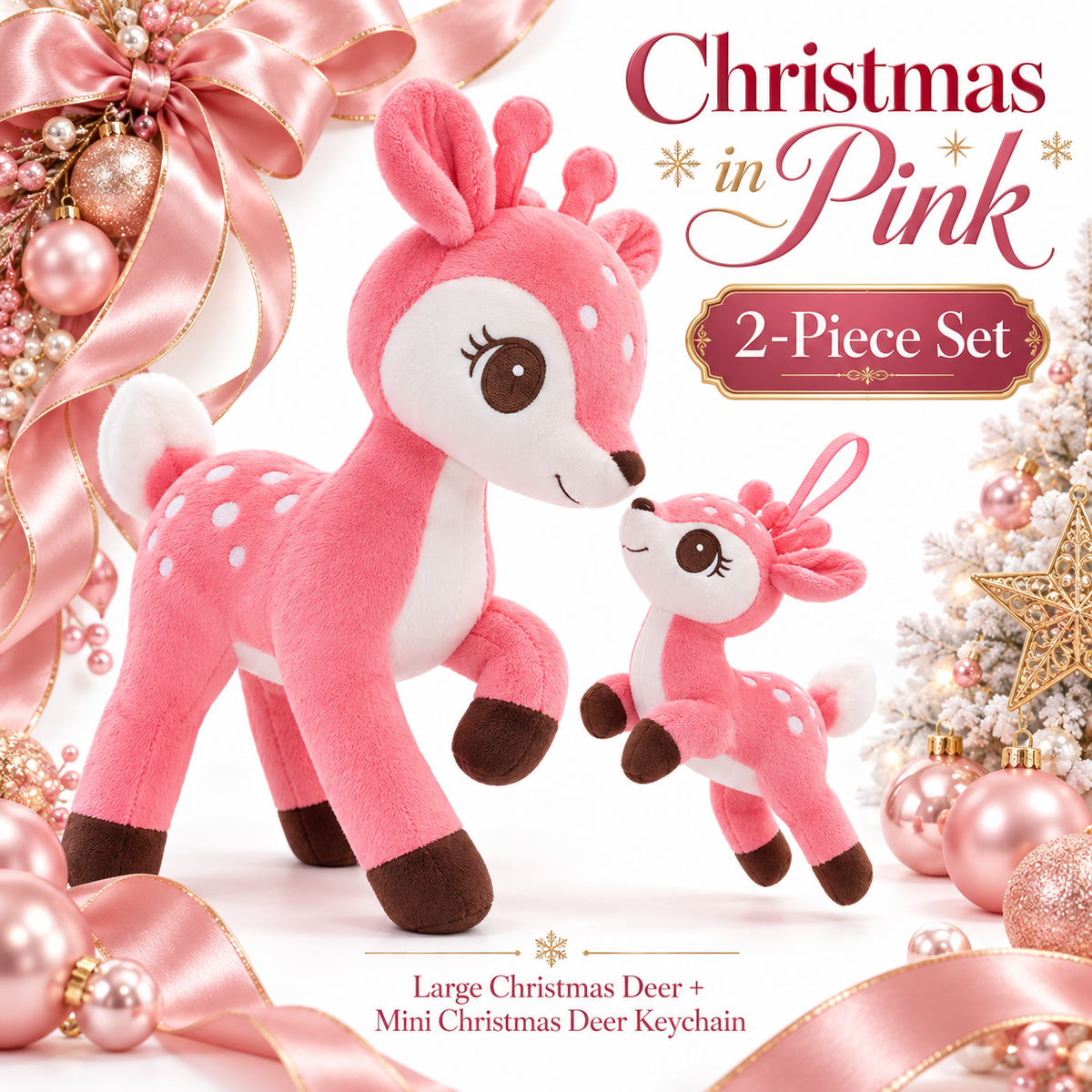 Pink Christmas deer plush and matching mini keychain two-piece set