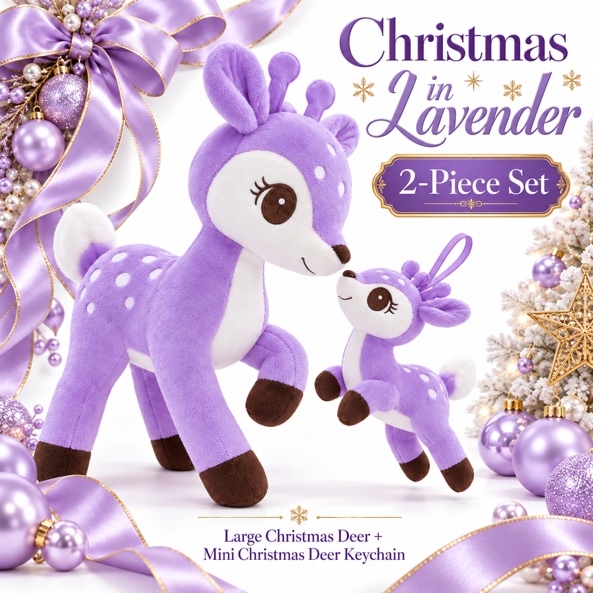 Purple Christmas deer plush and matching mini keychain two-piece set