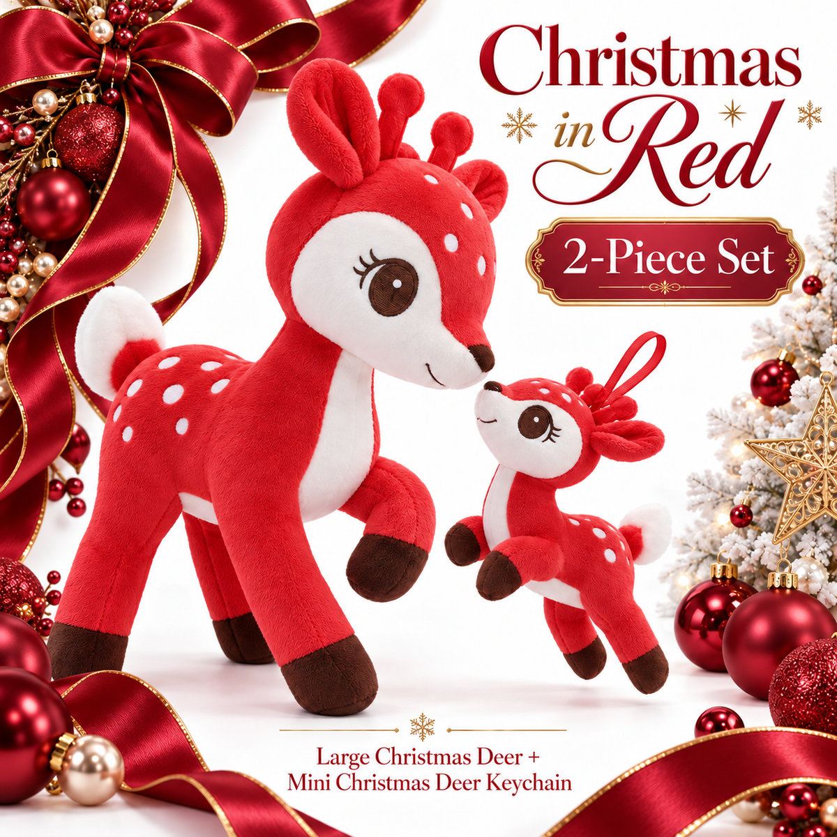 Red Christmas deer plush and matching mini keychain two-piece set