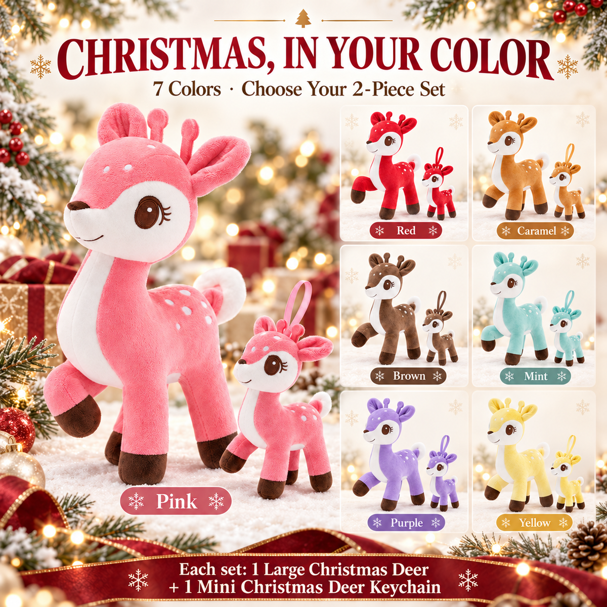 Seven color options of Christmas deer plush and matching mini keychain sets