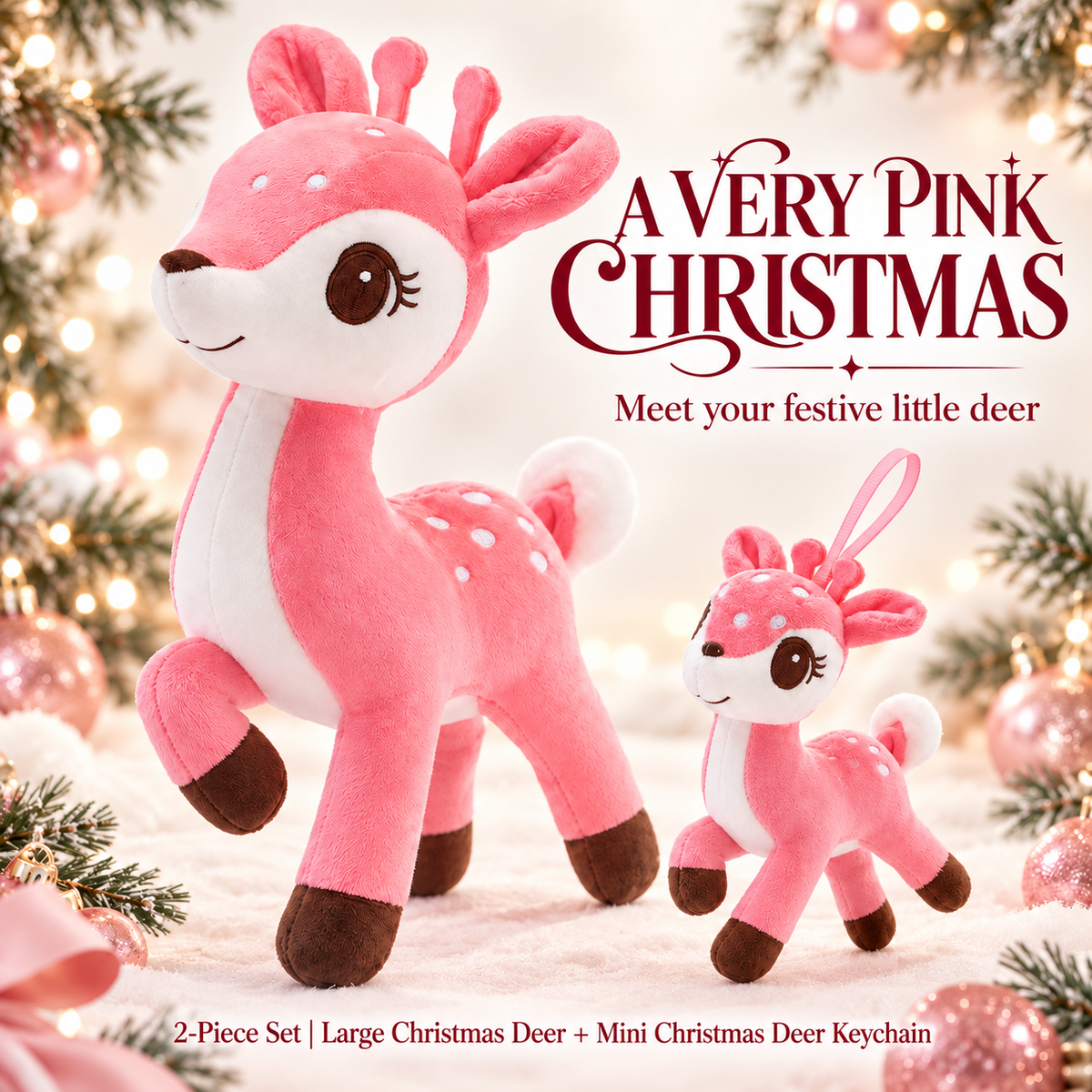 Pink Christmas deer plush and matching mini deer keychain set
