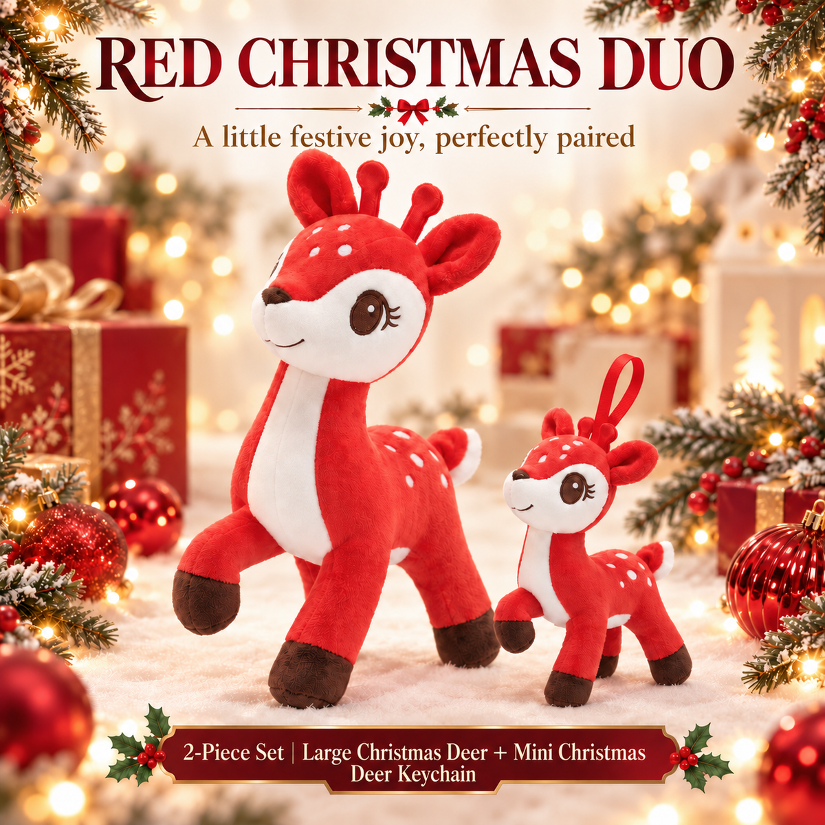 Red Christmas deer plush and matching mini deer keychain set