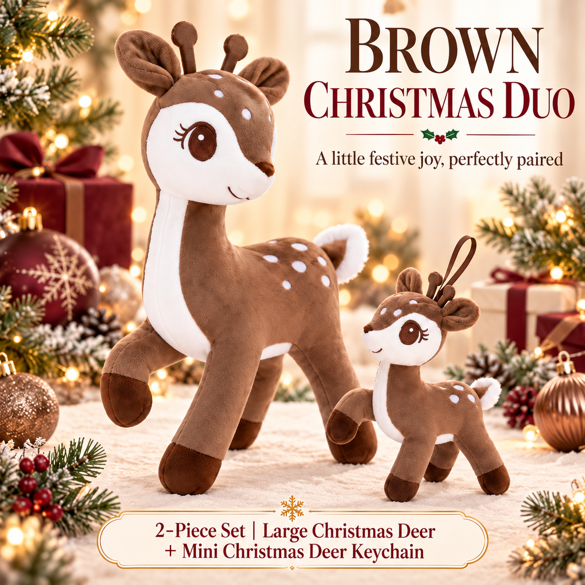 Dark Brown Christmas deer plush and matching mini deer keychain set