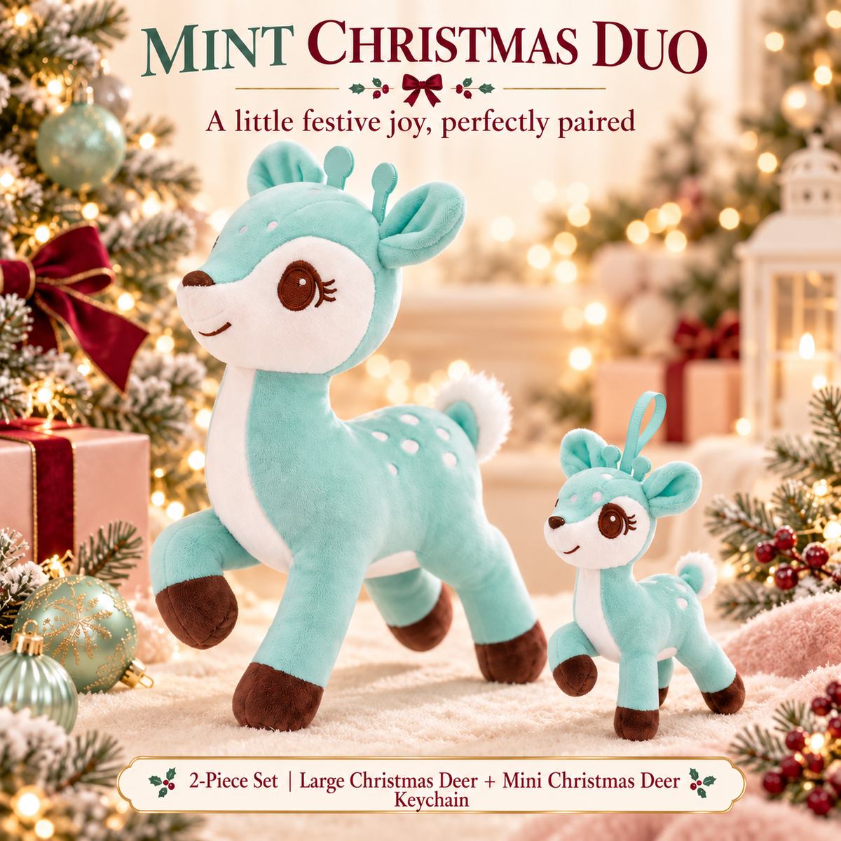Mint Green Christmas deer plush and matching mini deer keychain set
