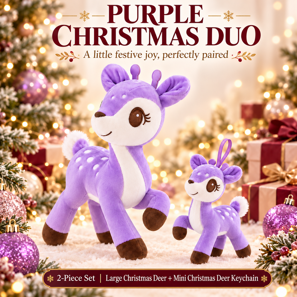Purple Christmas deer plush and matching mini deer keychain set