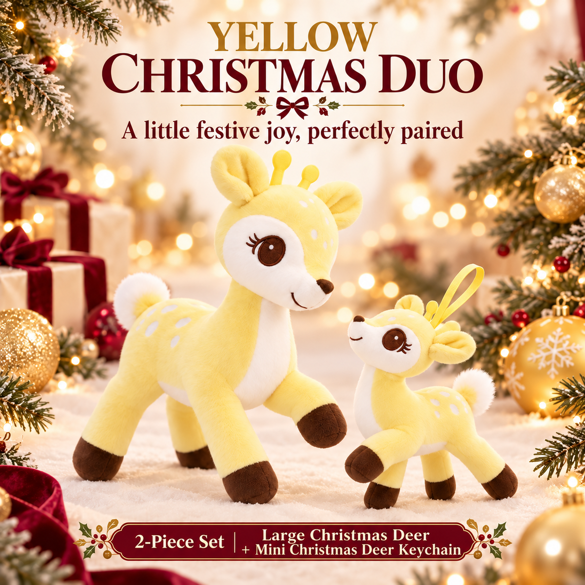 Yellow Christmas deer plush and matching mini deer keychain set