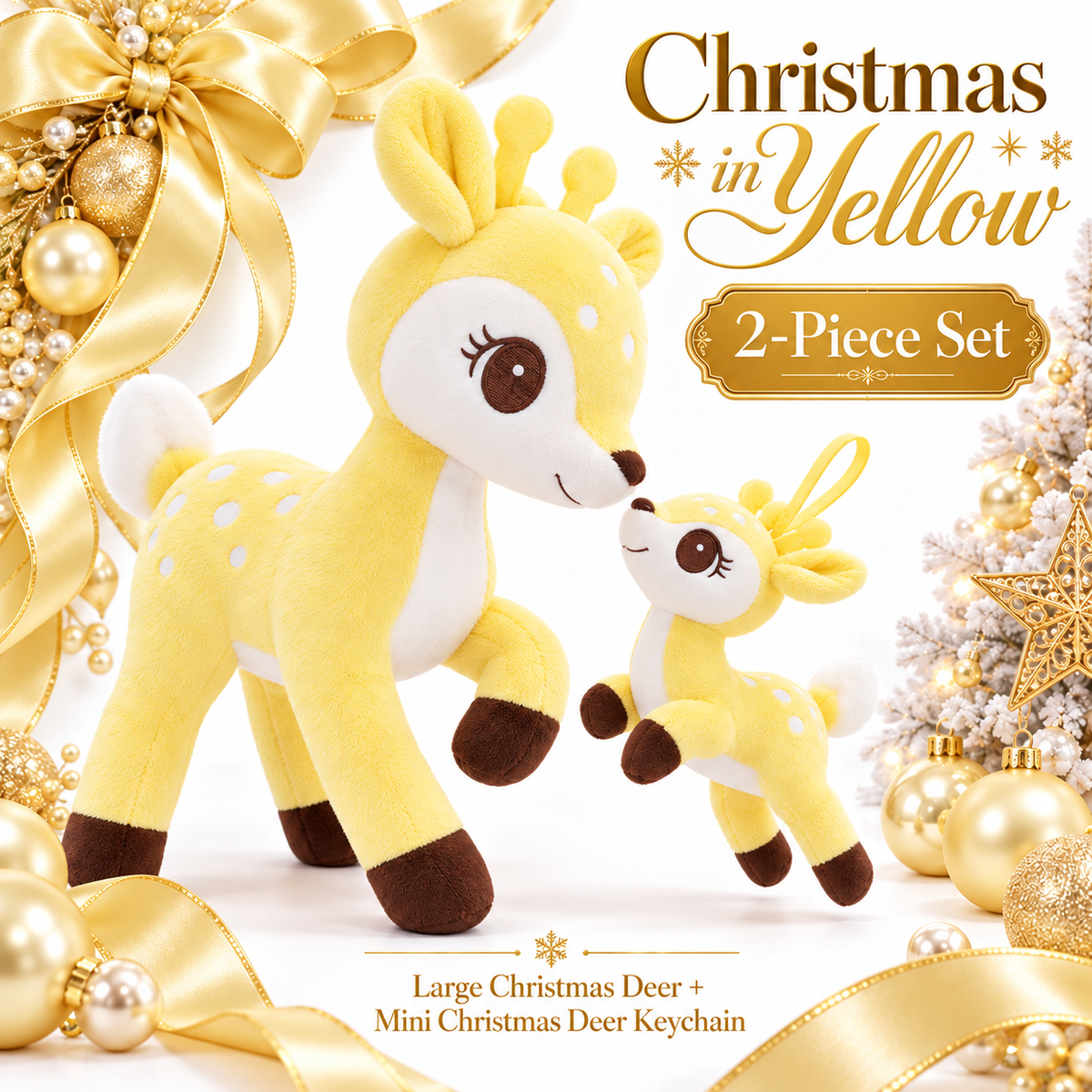 Yellow Christmas deer plush and matching mini keychain two-piece set