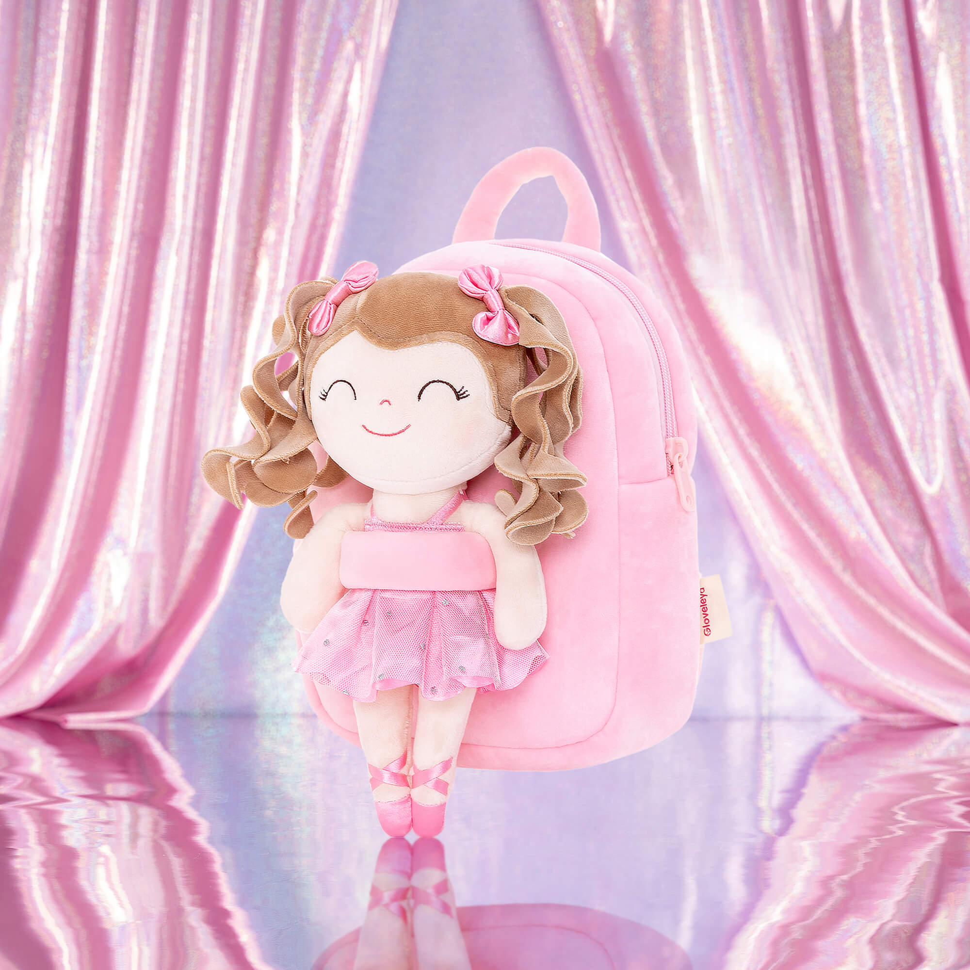 Gloveleya 9-inch Personalized Plush Curly Ballet Girl Dolls Backpack Peach Ballet Dream