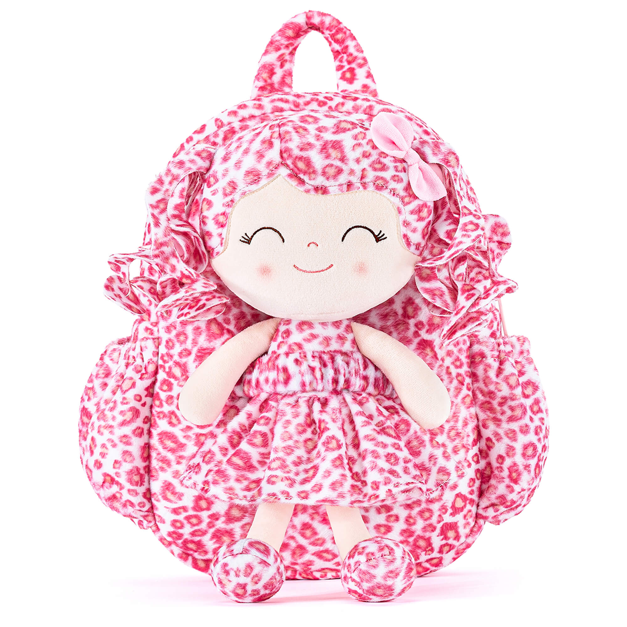 Gloveleya 11 - inch Toddler Girl Backpack Fashion Plush Kindergarten Backpacks with 12 - inch Curly Hair Pink Leopard Skirt Doll Skinny - Gloveleya Official