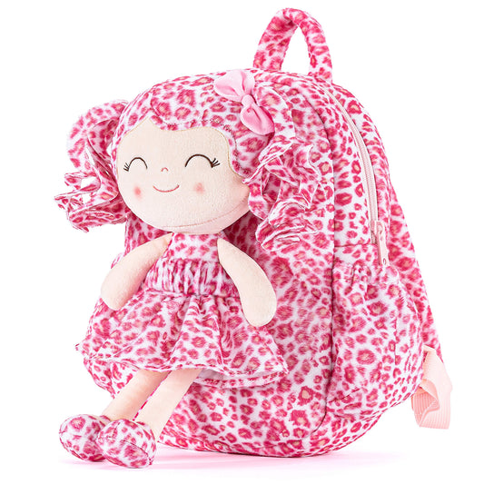 Gloveleya 11 - inch Toddler Girl Backpack Fashion Plush Kindergarten Backpacks with 12 - inch Curly Hair Pink Leopard Skirt Doll Skinny - Gloveleya Official