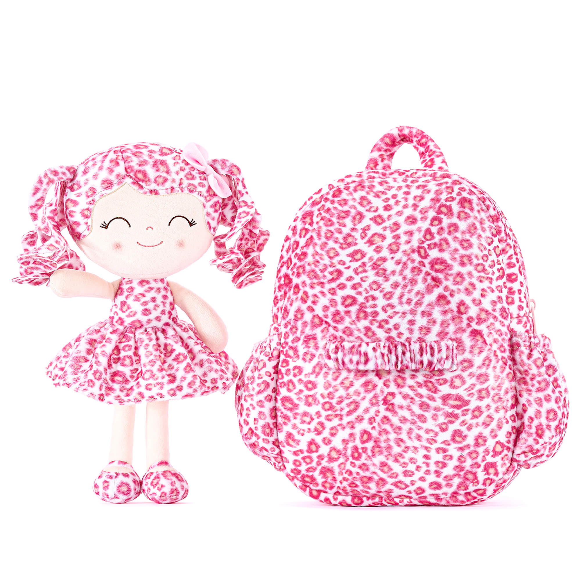 Gloveleya 11 - inch Toddler Girl Backpack Fashion Plush Kindergarten Backpacks with 12 - inch Curly Hair Pink Leopard Skirt Doll Skinny - Gloveleya Official