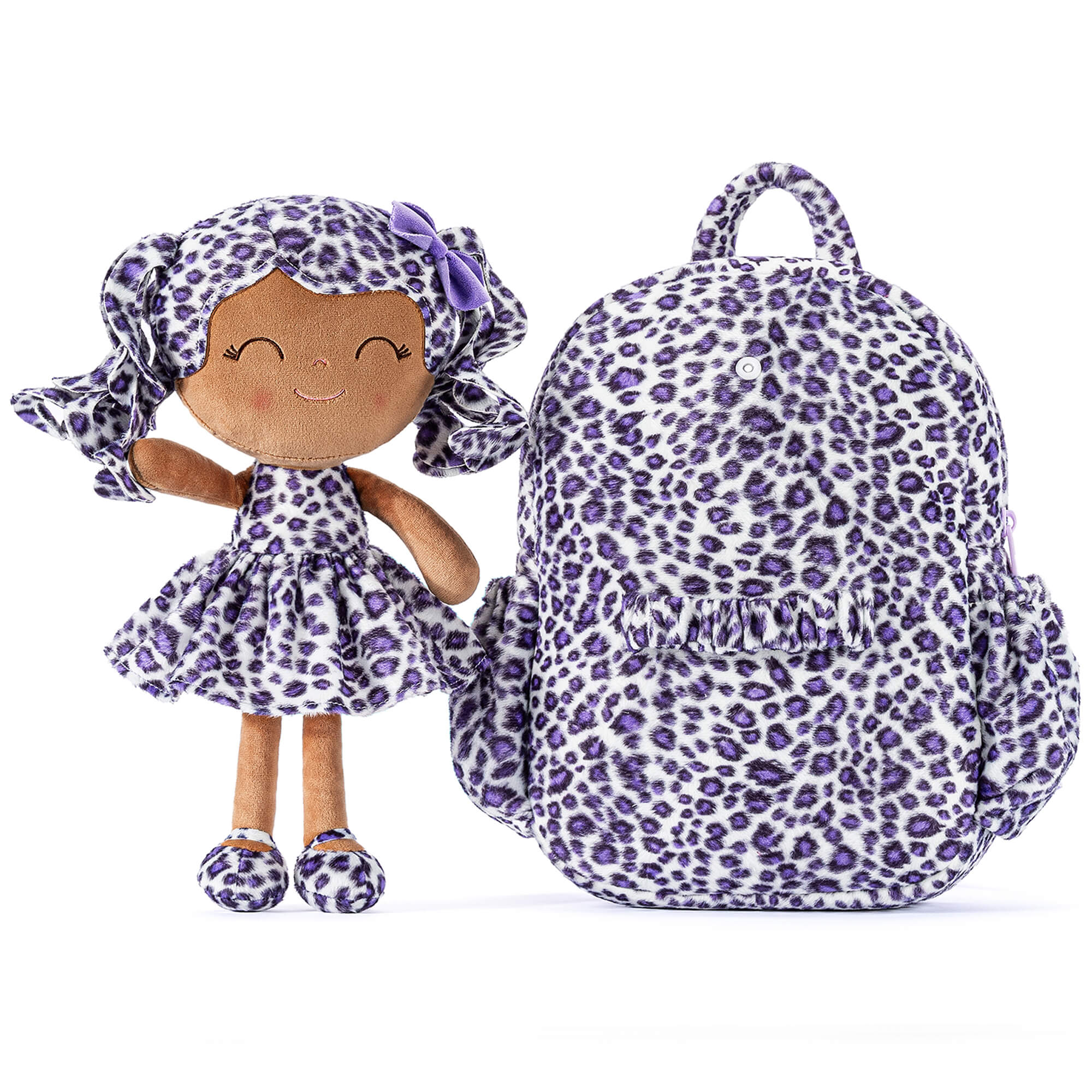 Gloveleya 11 - inch Toddler Girl Backpack Fashion Plush Kindergarten Backpacks with 12 - inch Curly Hair Purple Leopard Skirt Doll Tanned - Gloveleya Official