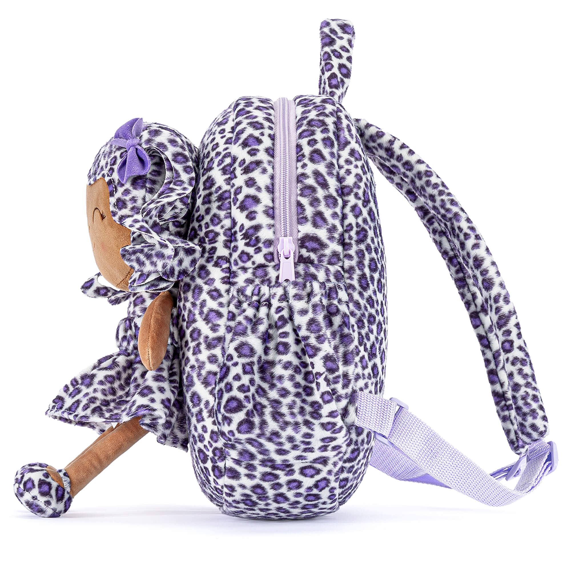 Gloveleya 11 - inch Toddler Girl Backpack Fashion Plush Kindergarten Backpacks with 12 - inch Curly Hair Purple Leopard Skirt Doll Tanned - Gloveleya Official