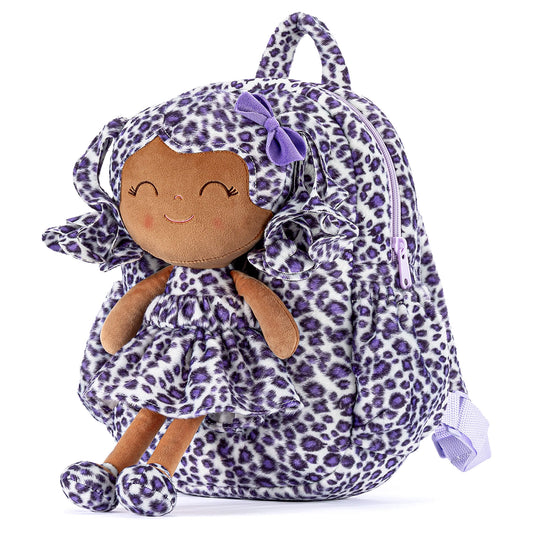 Gloveleya 11 - inch Toddler Girl Backpack Fashion Plush Kindergarten Backpacks with 12 - inch Curly Hair Purple Leopard Skirt Doll Tanned - Gloveleya Official