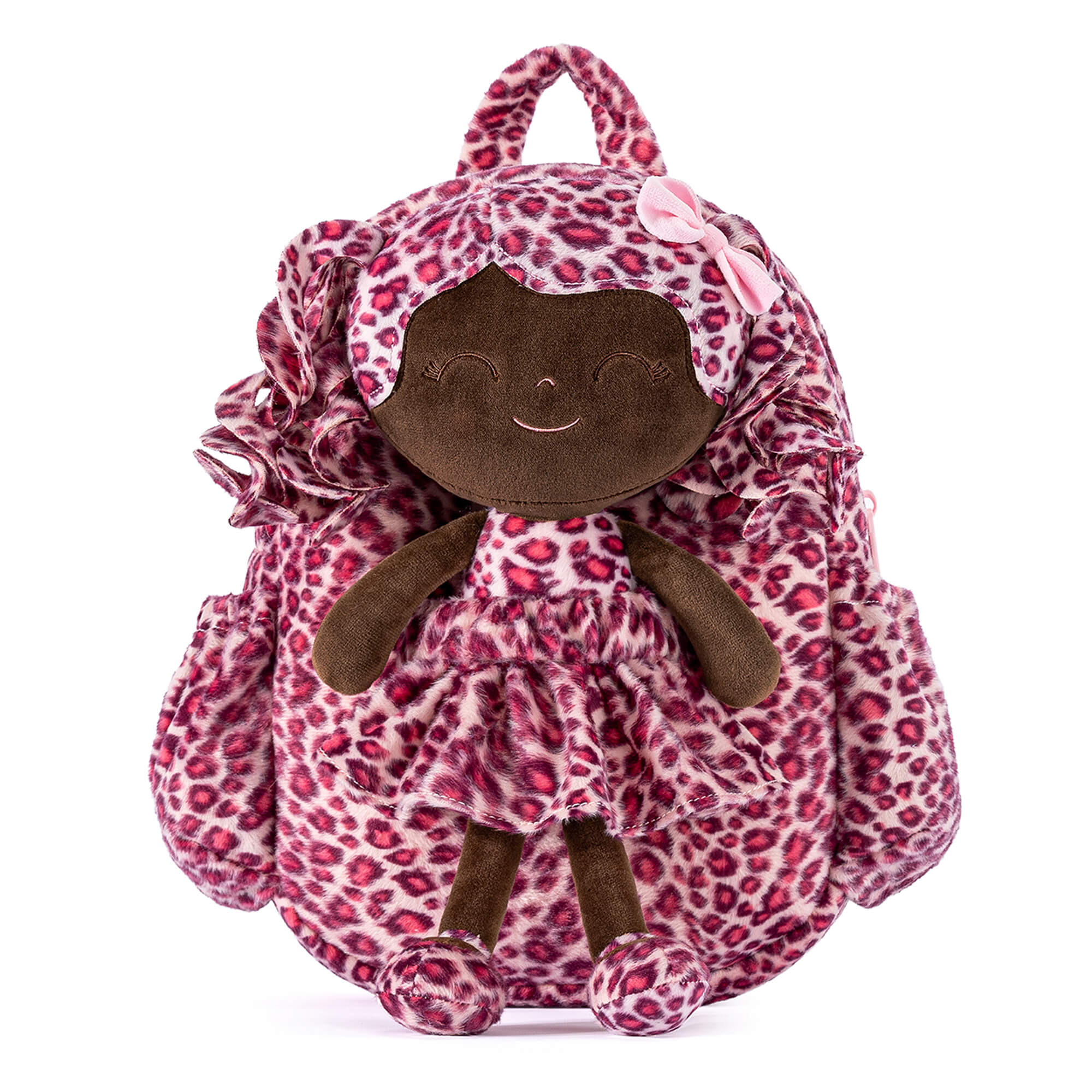 Gloveleya 11 - inch Toddler Girl Backpack Fashion Plush Kindergarten Backpacks with 12 - inch Curly Hair Rose Leopard Skirt Doll Tanned - Gloveleya Official