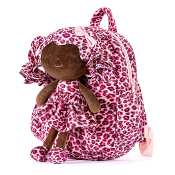 Gloveleya 11 - inch Toddler Girl Backpack Fashion Plush Kindergarten Backpacks with 12 - inch Curly Hair Rose Leopard Skirt Doll Tanned - Gloveleya Official