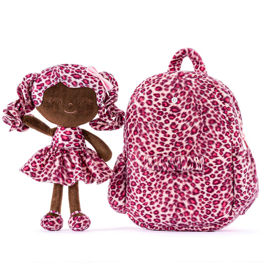 Gloveleya 11 - inch Toddler Girl Backpack Fashion Plush Kindergarten Backpacks with 12 - inch Curly Hair Rose Leopard Skirt Doll Tanned - Gloveleya Official