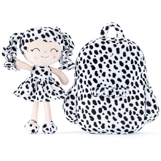 Gloveleya 11 - inch Toddler Girl Backpack Plush Kindergarten Backpacks with 12 - inch Curly Hair Animal Doll in Black and White Skirt - Gloveleya Official