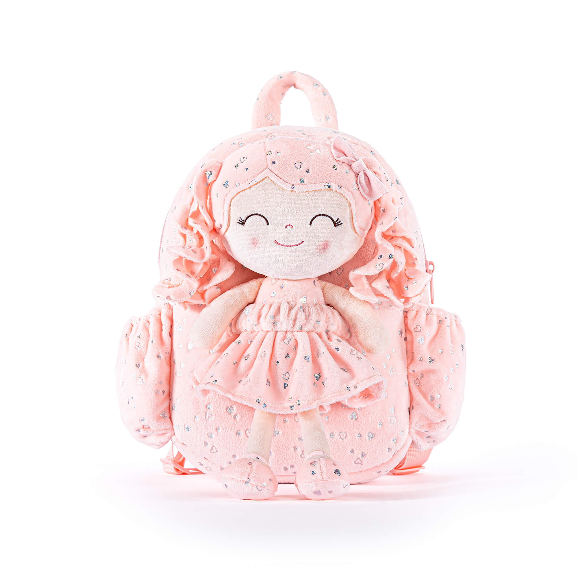 Gloveleya 11 - inch Toddler Girl Backpack Plush Kindergarten Backpacks with 12 - inch Curly Hair Ironing Silver Heart Doll Coral - Gloveleya Official