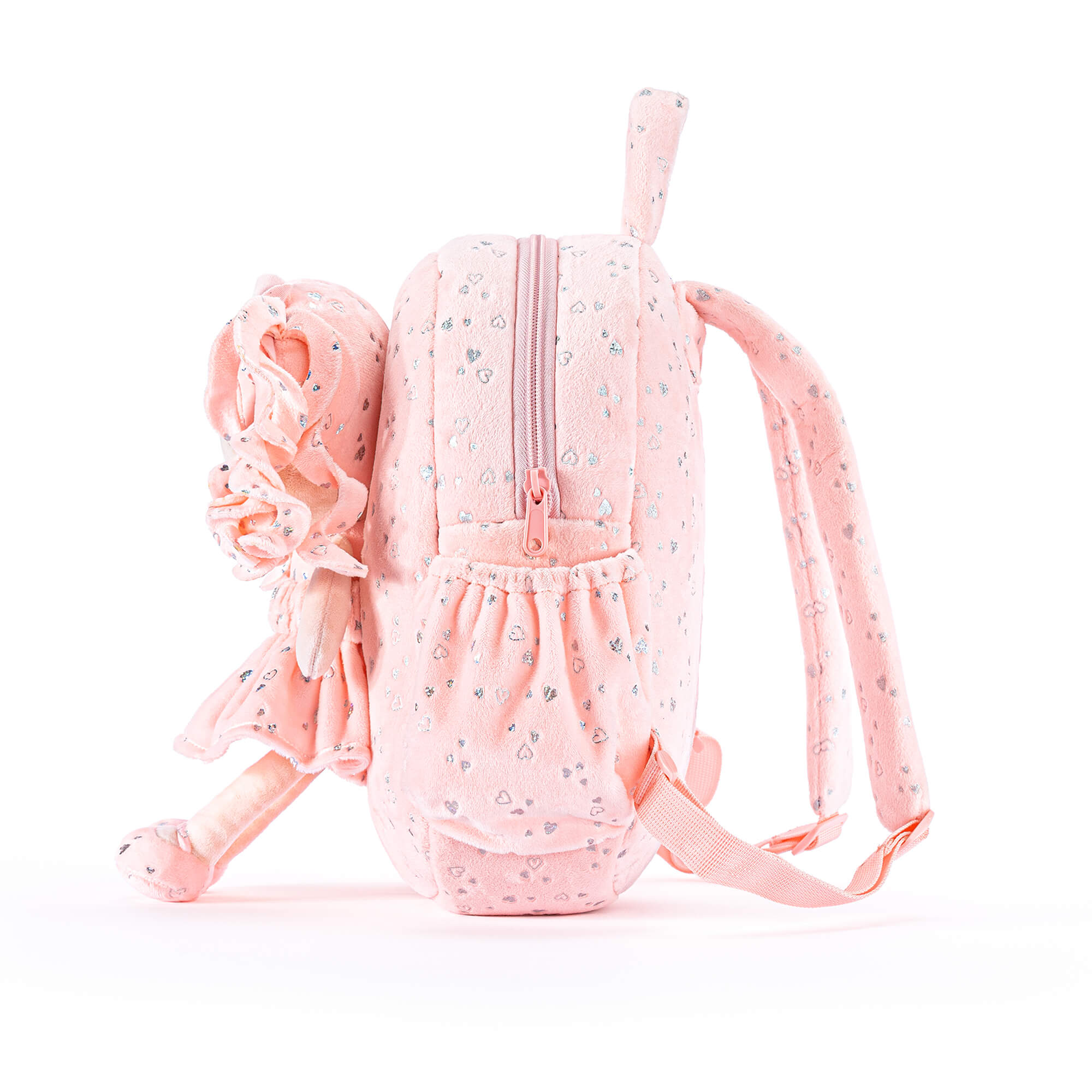 Gloveleya 11 - inch Toddler Girl Backpack Plush Kindergarten Backpacks with 12 - inch Curly Hair Ironing Silver Heart Doll Coral - Gloveleya Official