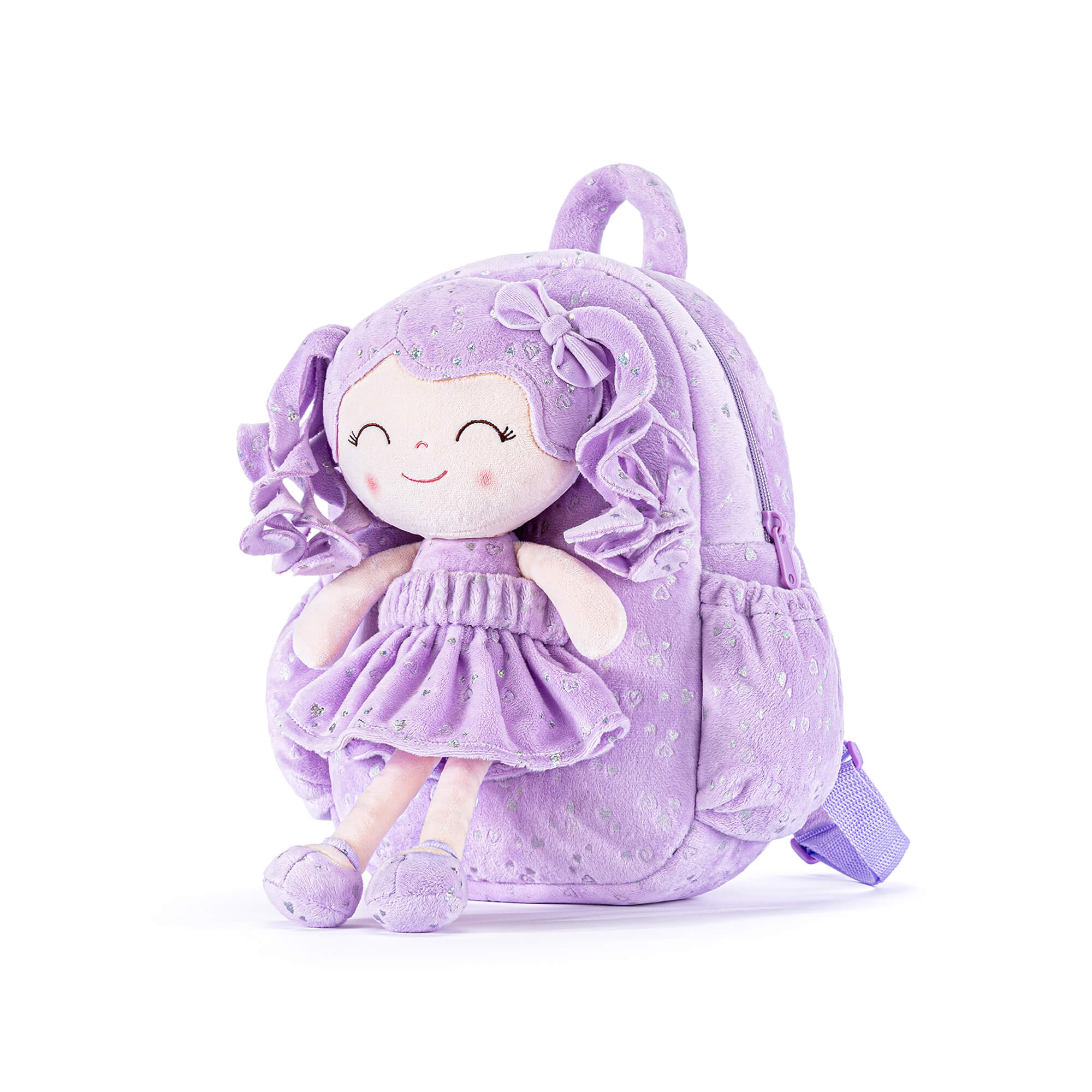 Gloveleya 11 - inch Toddler Girl Backpack Plush Kindergarten Backpacks with 12 - inch Curly Hair Ironing Silver Heart Doll Purple - Gloveleya Official