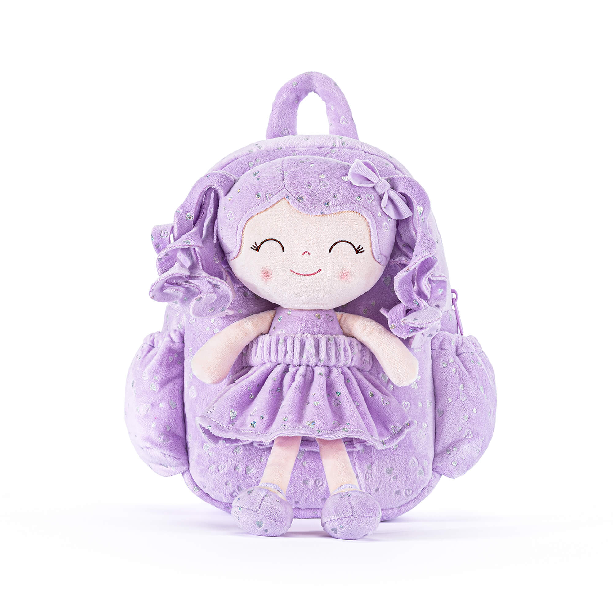 Gloveleya 11 - inch Toddler Girl Backpack Plush Kindergarten Backpacks with 12 - inch Curly Hair Ironing Silver Heart Doll Purple - Gloveleya Official