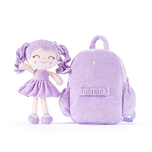 Gloveleya 11 - inch Toddler Girl Backpack Plush Kindergarten Backpacks with 12 - inch Curly Hair Ironing Silver Heart Doll Purple - Gloveleya Official