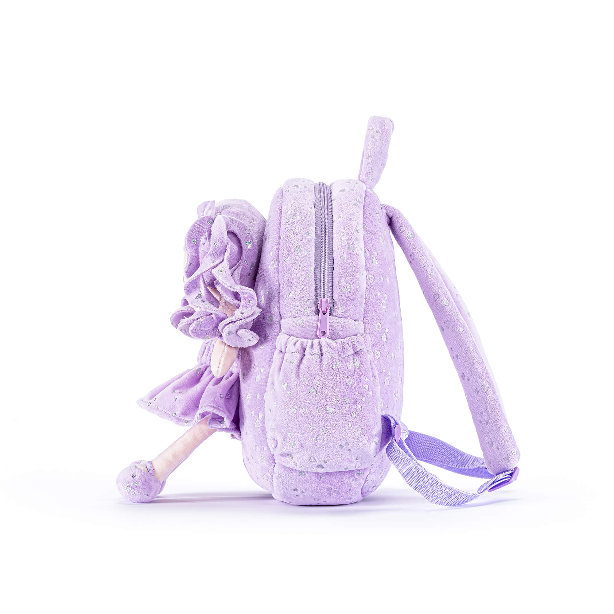 Gloveleya 11 - inch Toddler Girl Backpack Plush Kindergarten Backpacks with 12 - inch Curly Hair Ironing Silver Heart Doll Purple - Gloveleya Official