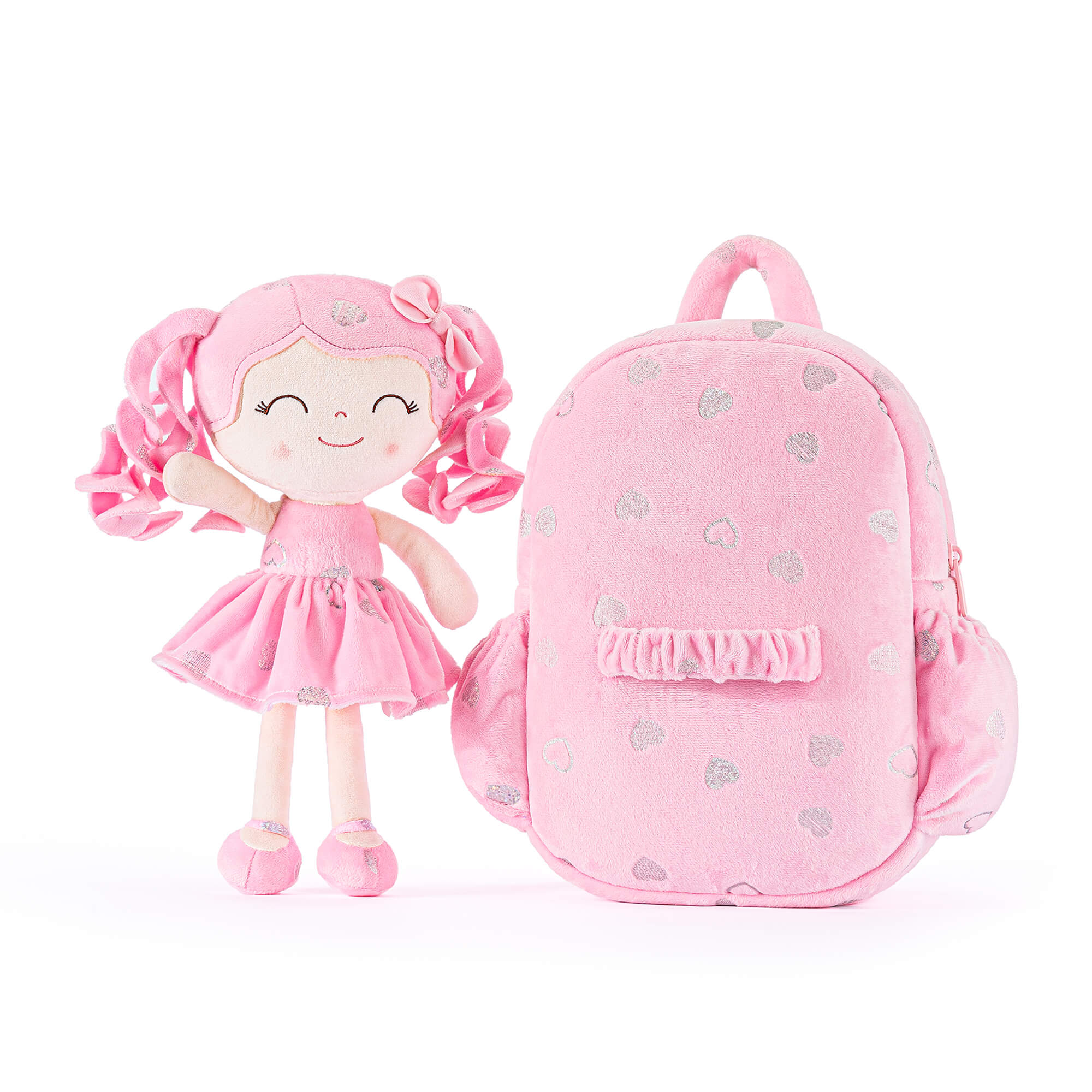 Gloveleya 11 - inch Toddler Girl Backpack Plush Kindergarten Backpacks with 12 - inch Curly Hair Ironing Silver Heart Doll Rose - Gloveleya Official