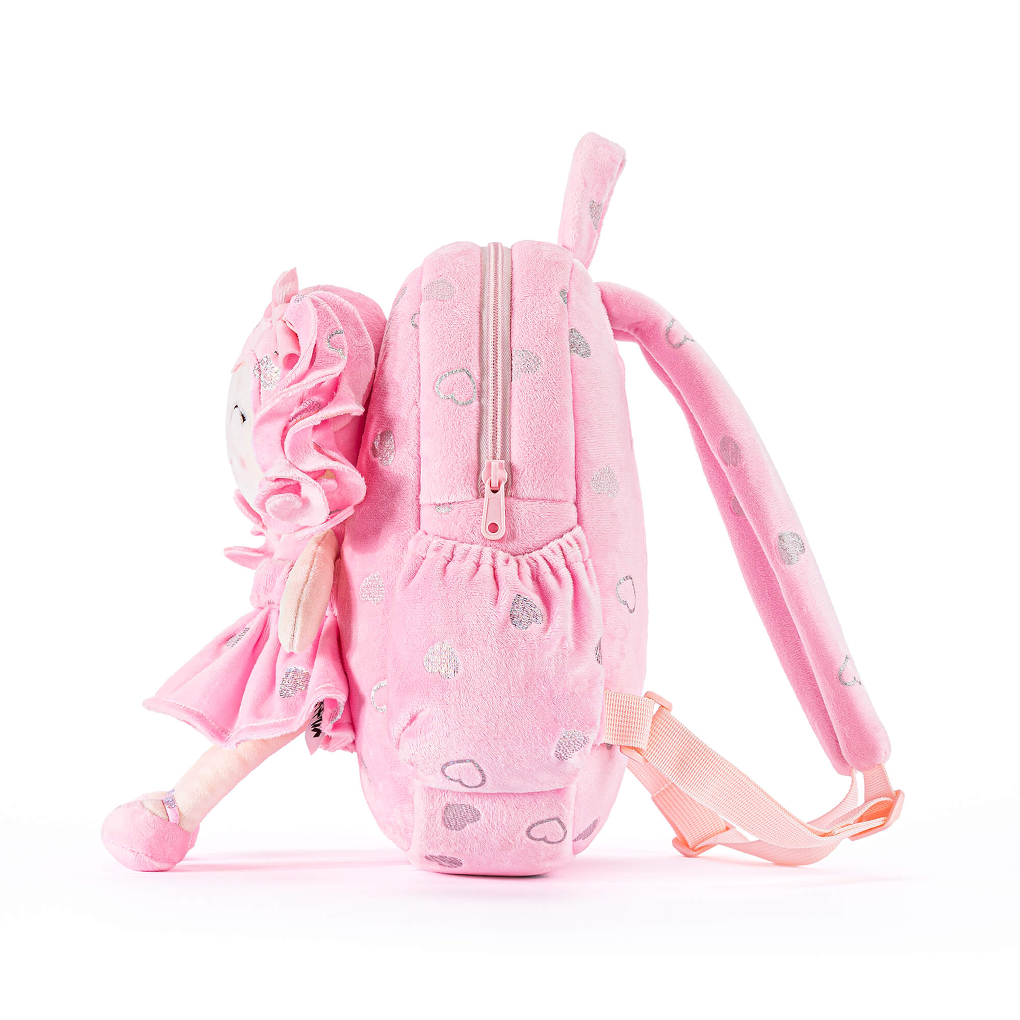 Gloveleya 11 - inch Toddler Girl Backpack Plush Kindergarten Backpacks with 12 - inch Curly Hair Ironing Silver Heart Doll Rose - Gloveleya Official