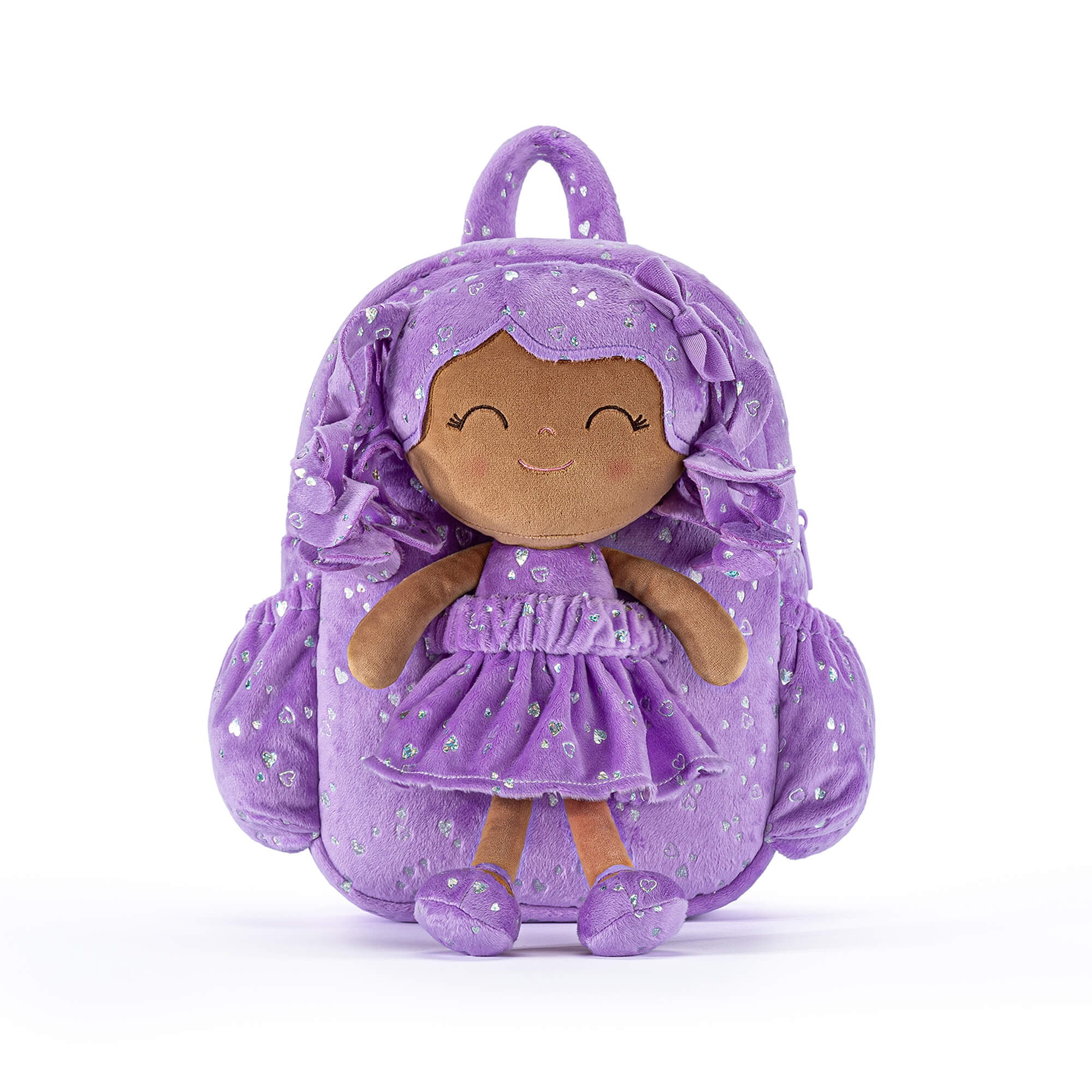 Gloveleya 11 - inch Toddler Girl Backpack Plush Kindergarten Backpacks with 12 - inch Curly Hair Ironing Silver Heart Doll Tanned Skin Purple - Gloveleya Official