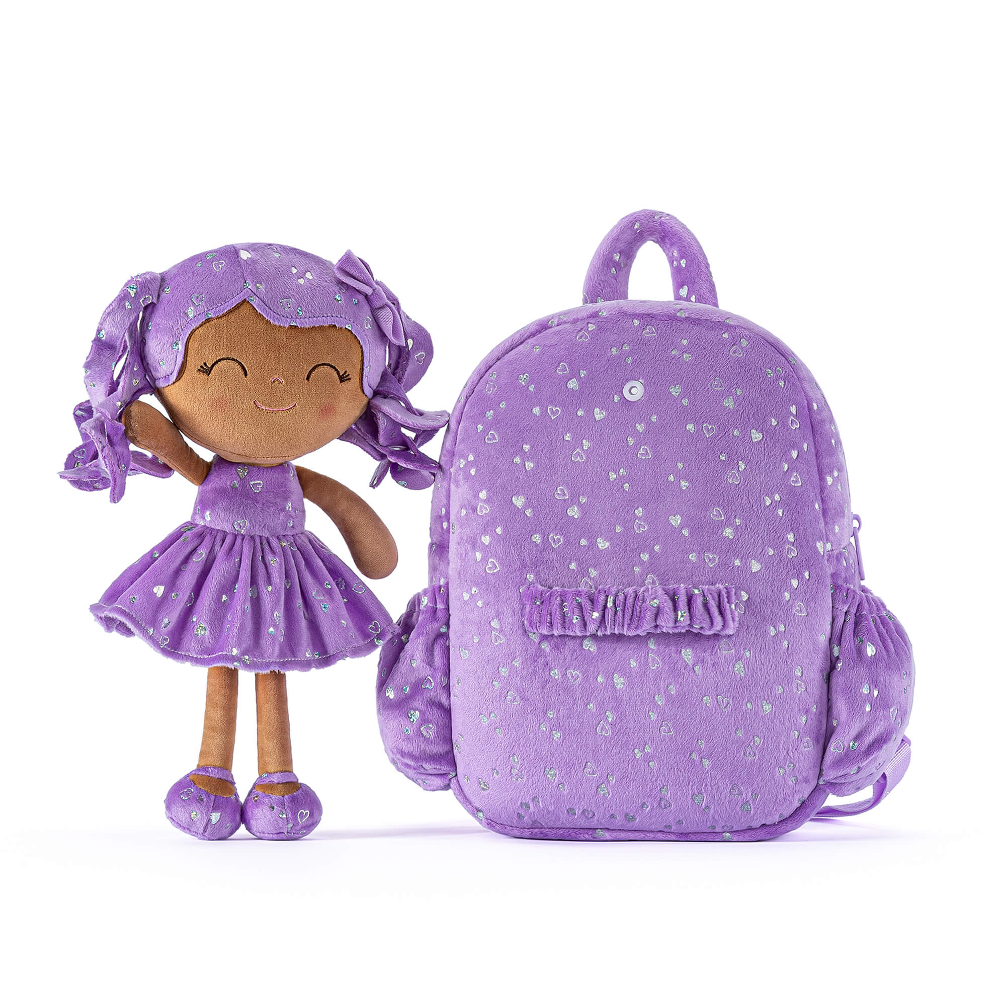 Gloveleya 11 - inch Toddler Girl Backpack Plush Kindergarten Backpacks with 12 - inch Curly Hair Ironing Silver Heart Doll Tanned Skin Purple - Gloveleya Official