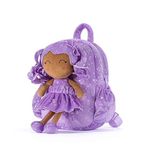 Gloveleya 11 - inch Toddler Girl Backpack Plush Kindergarten Backpacks with 12 - inch Curly Hair Ironing Silver Heart Doll Tanned Skin Purple - Gloveleya Official